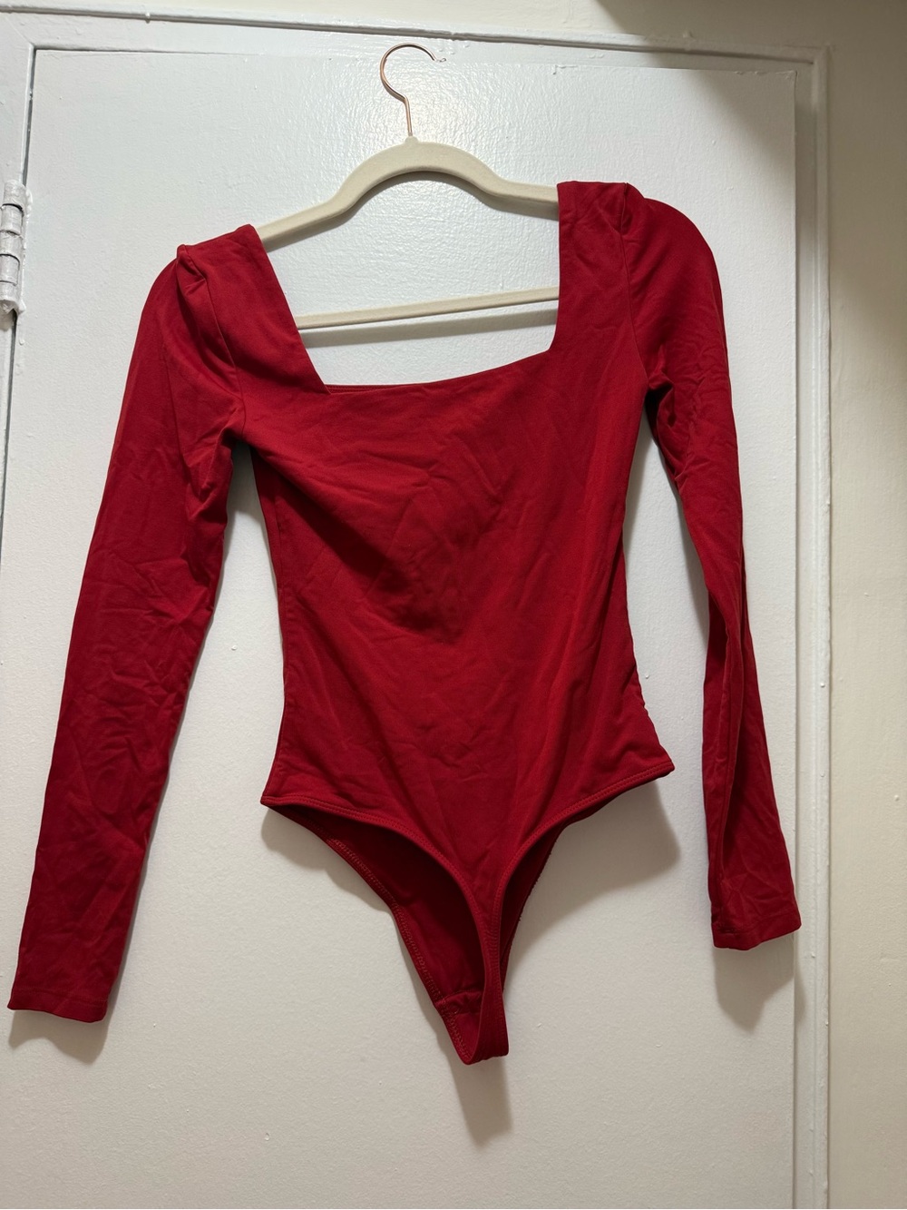 Babaton Red Long-Sleeve Square-Neck One-Piece Bodysuit
